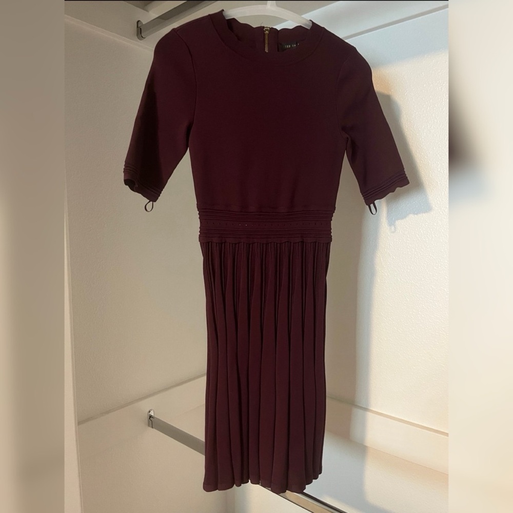 NWOT Ted Baker Plum Pleated Scalloped Neckline Dress 1